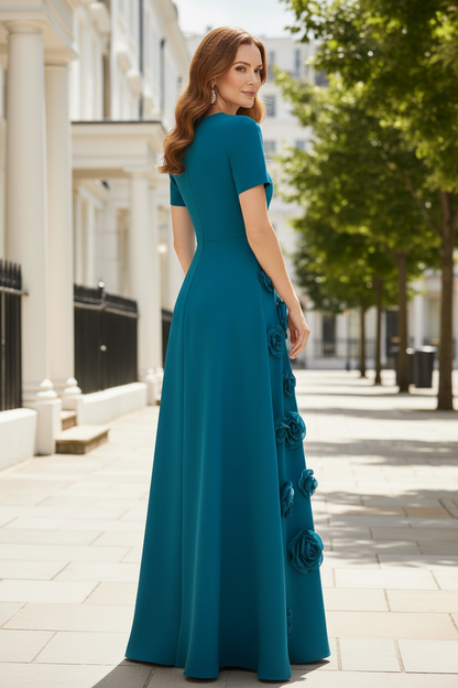 Short-Sleeve A-Line Evening Gown with 3D Floral Appliques