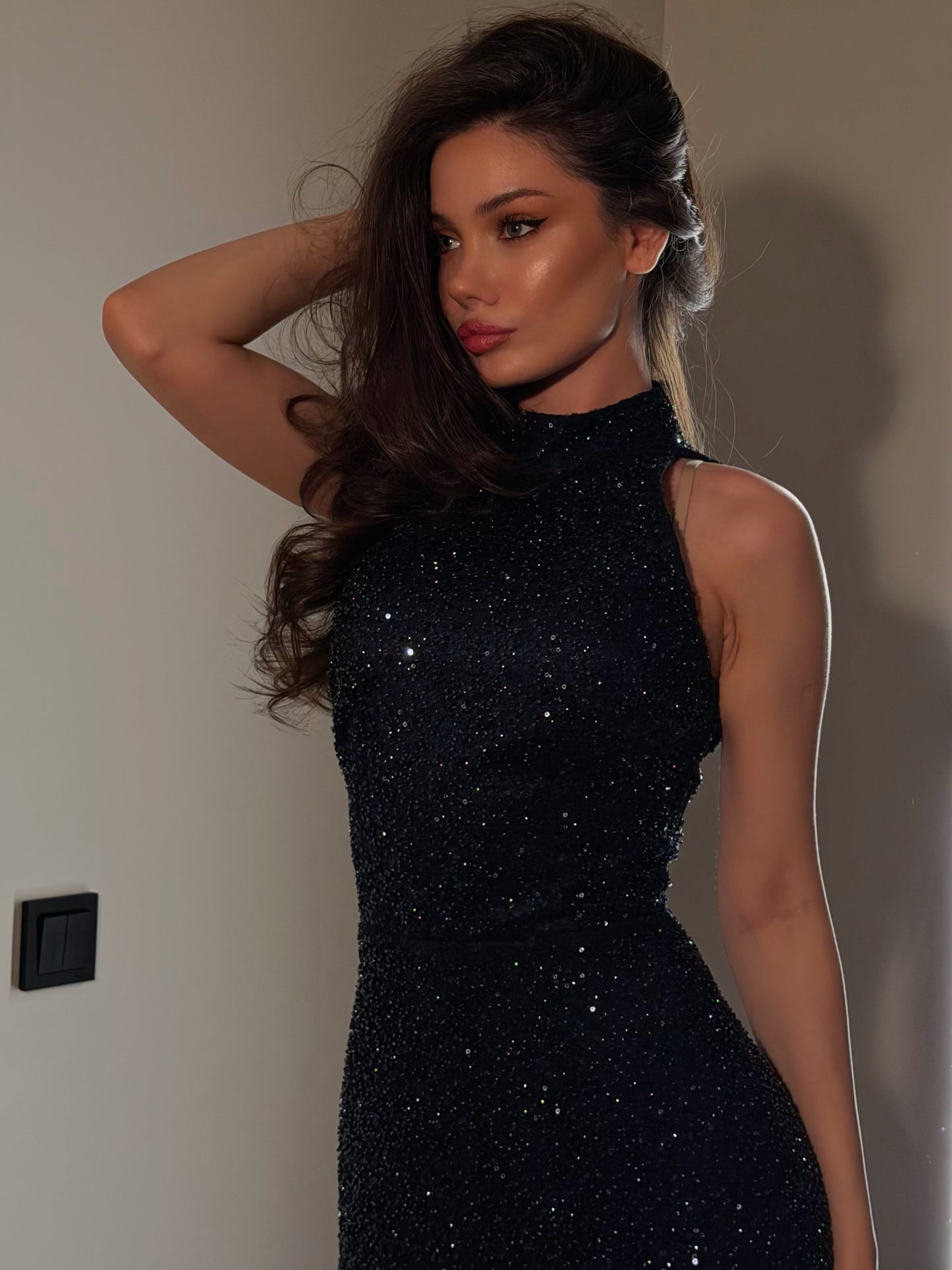 Sequined High Neck Maxi Evening Dress
