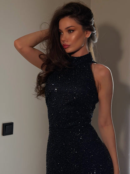 Sequined High Neck Maxi Evening Dress