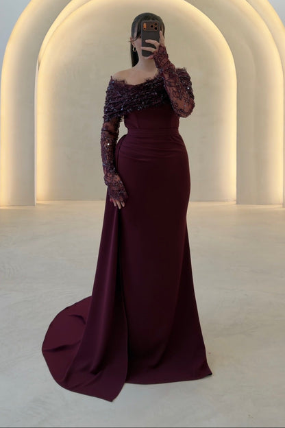 Off-Shoulder Long Sleeve Gown with Side Drape