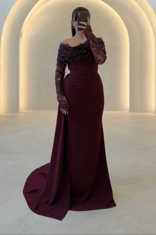 Off-Shoulder Long Sleeve Gown with Side Drape
