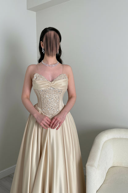 Beaded Corset Bodice Satin Gown with High Slit