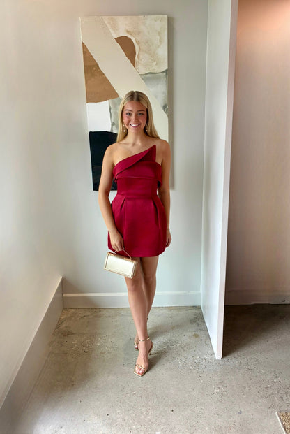 Strapless Asymmetrical Pleated Satin Cocktail Dress
