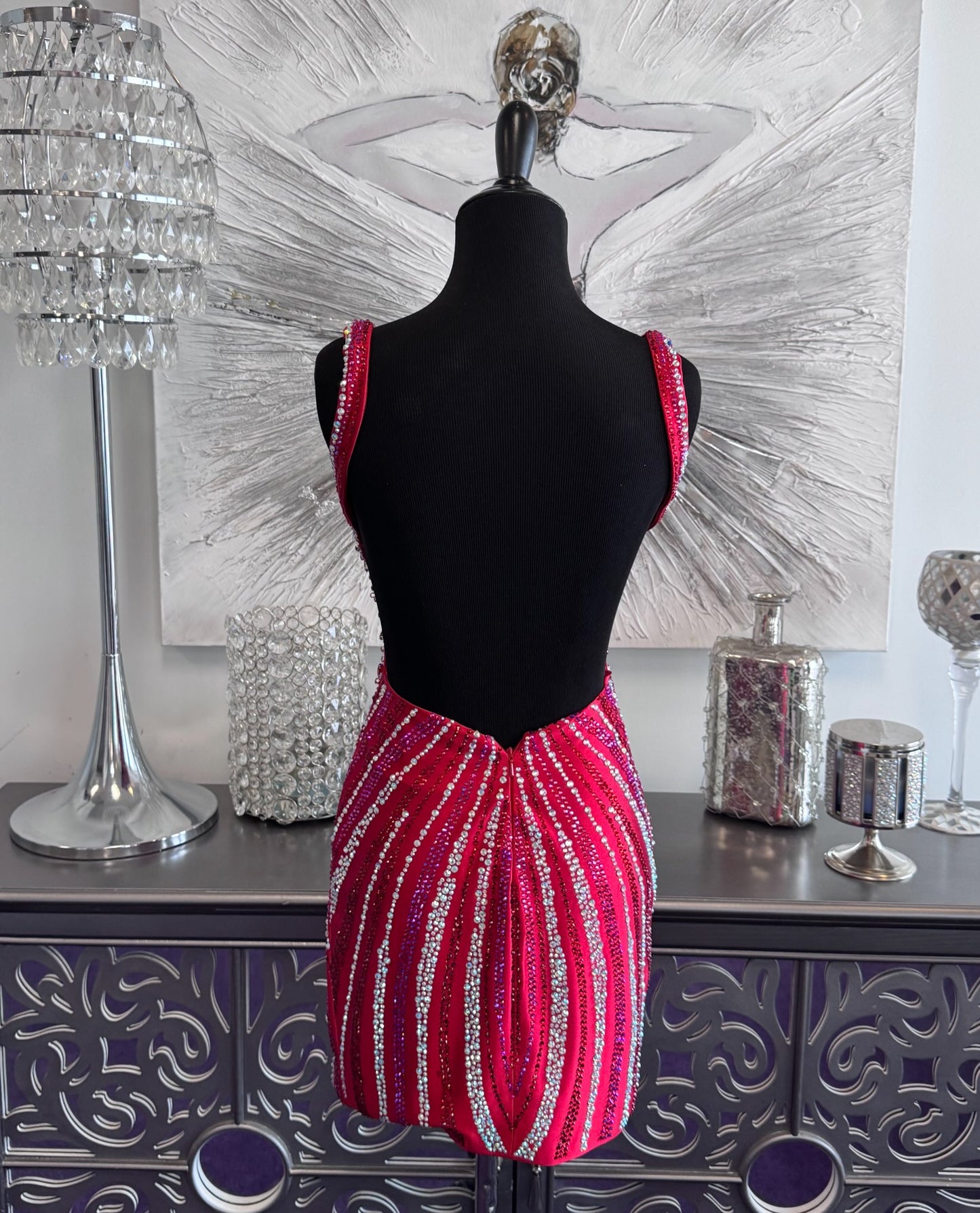 Beaded Open Back V-Neck Mini Dress