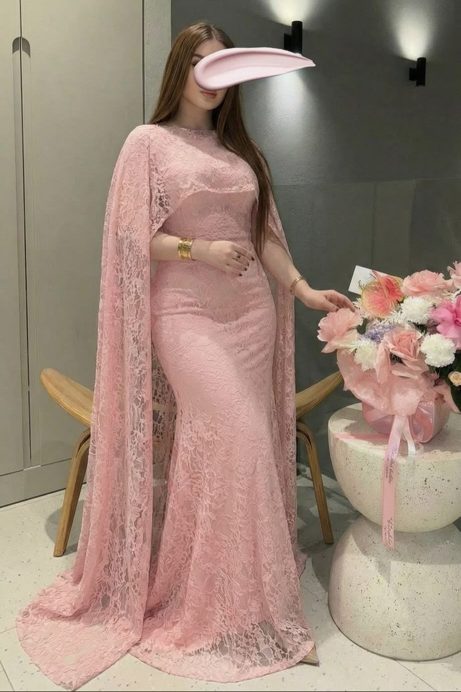 Lace Cape Mermaid Evening Gown