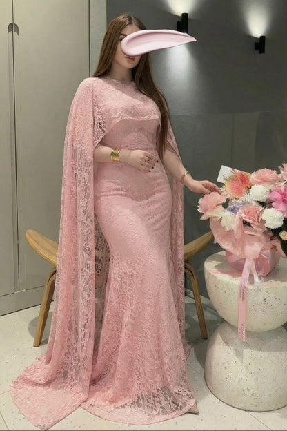 Lace Cape Mermaid Evening Gown
