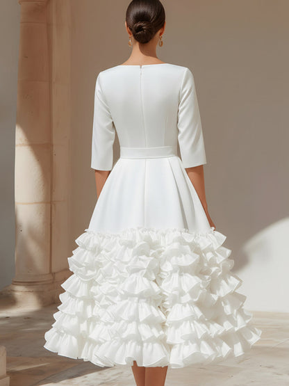 Tiered Ruffle Midi Dress with Bow Waistband