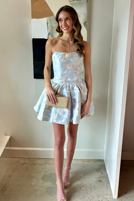 Strapless Floral Jacquard Fit and Flare Mini Dress