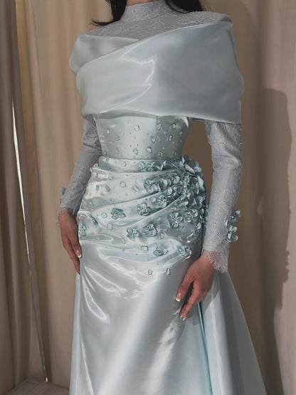 High-Neck Satin Gown with 3D Flowers and Shawl