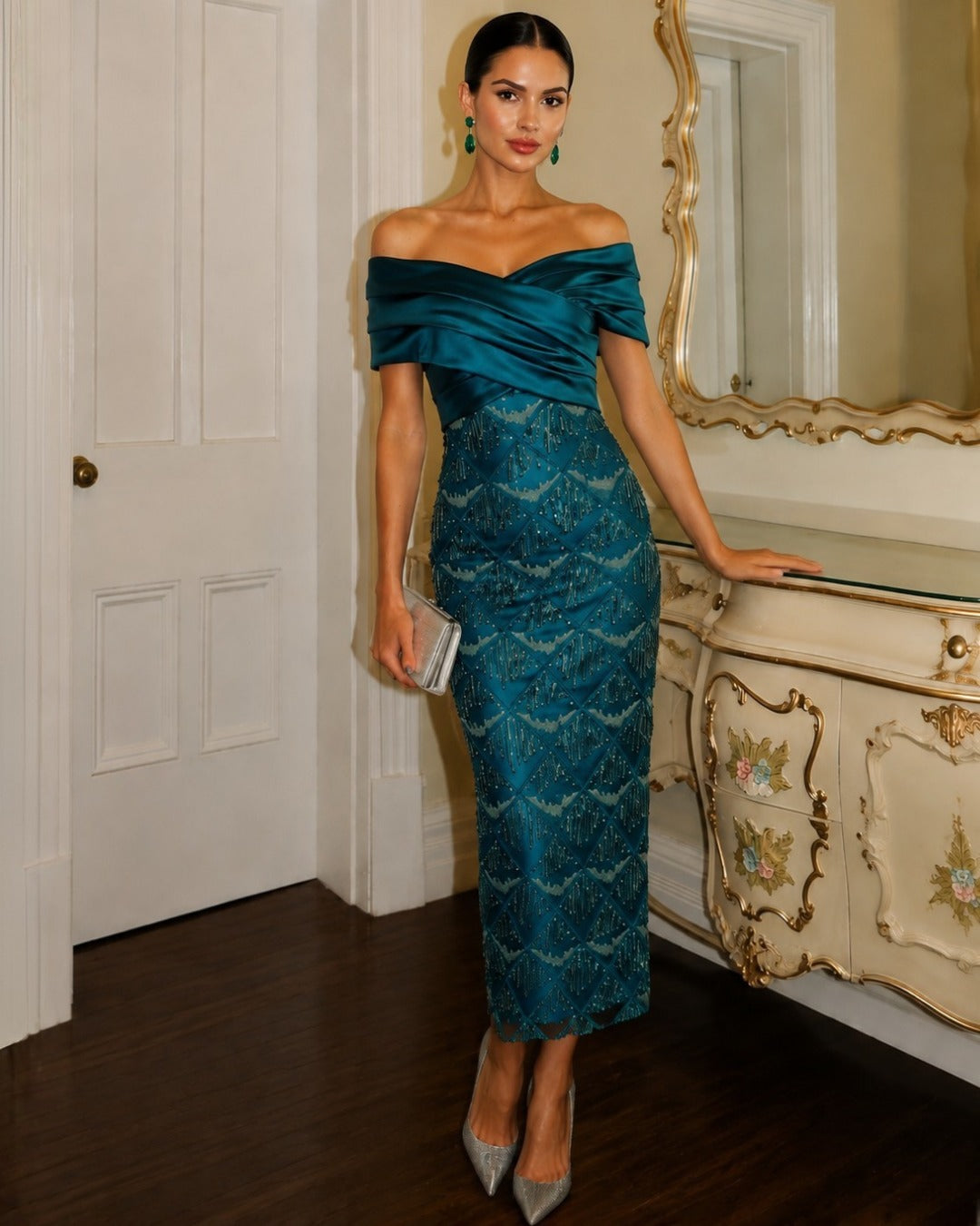 Draped Off-the-Shoulder Beaded Sheath Dress