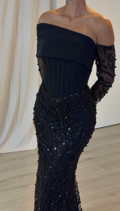 Off-Shoulder Corset Mermaid Gown with Beading