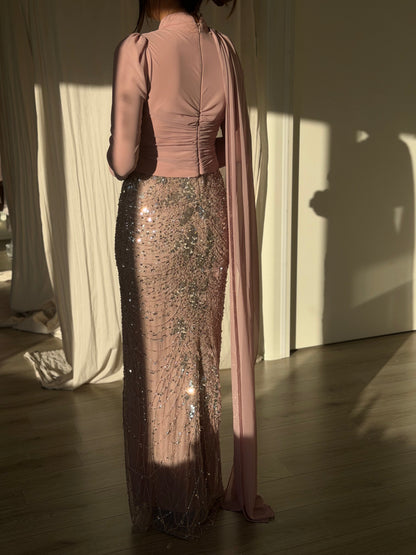 Draped High Neck Gown with Sequin Column Skirt