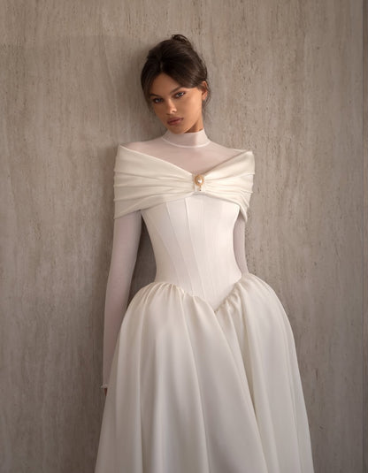 Illusion High Neck Satin Corset Ball Gown Wedding Dress