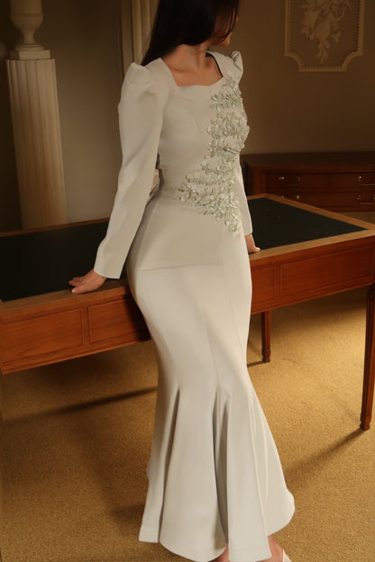 Floral Applique Mermaid Gown with Puff Long Sleeves