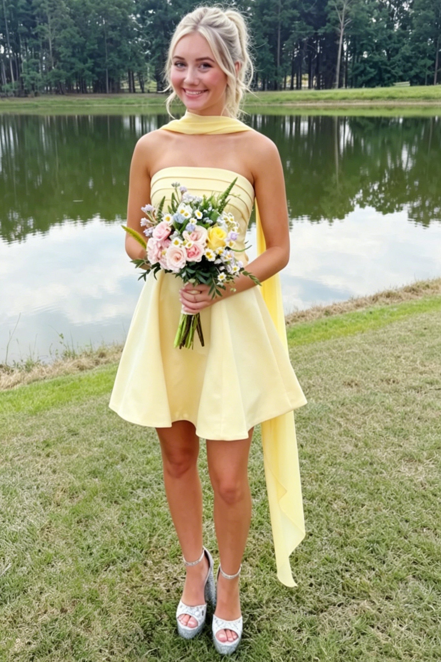 Strapless Ruched Chiffon Mini Dress with Scarf