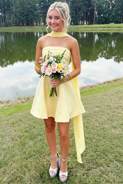Strapless Ruched Chiffon Mini Dress with Scarf