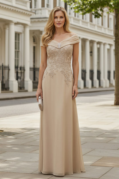 Off-the-Shoulder Lace Applique Chiffon Evening Gown