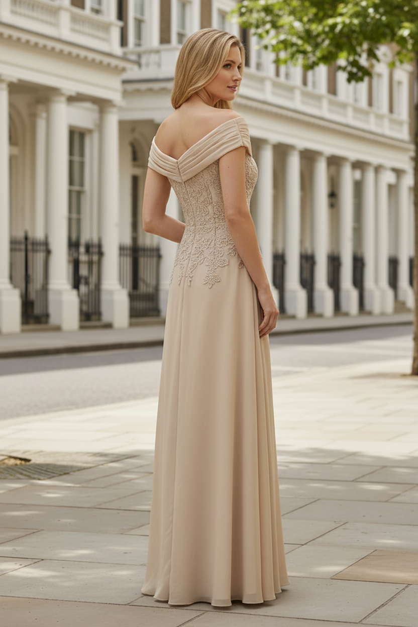 Off-the-Shoulder Lace Applique Chiffon Evening Gown