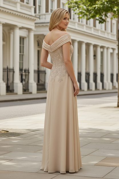 Off-the-Shoulder Lace Applique Chiffon Evening Gown