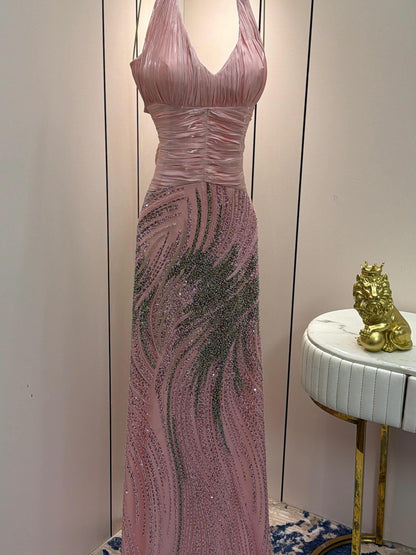 Halter Ruched Bodice Beaded Mermaid Gown