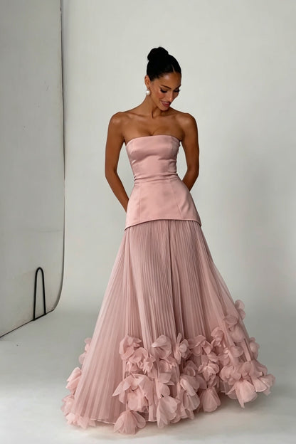 Strapless Pleated Evening Gown with 3D Floral Hem