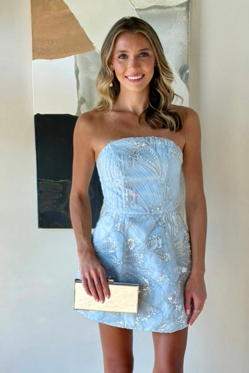 Strapless Metallic Jacquard Mini Cocktail Dress