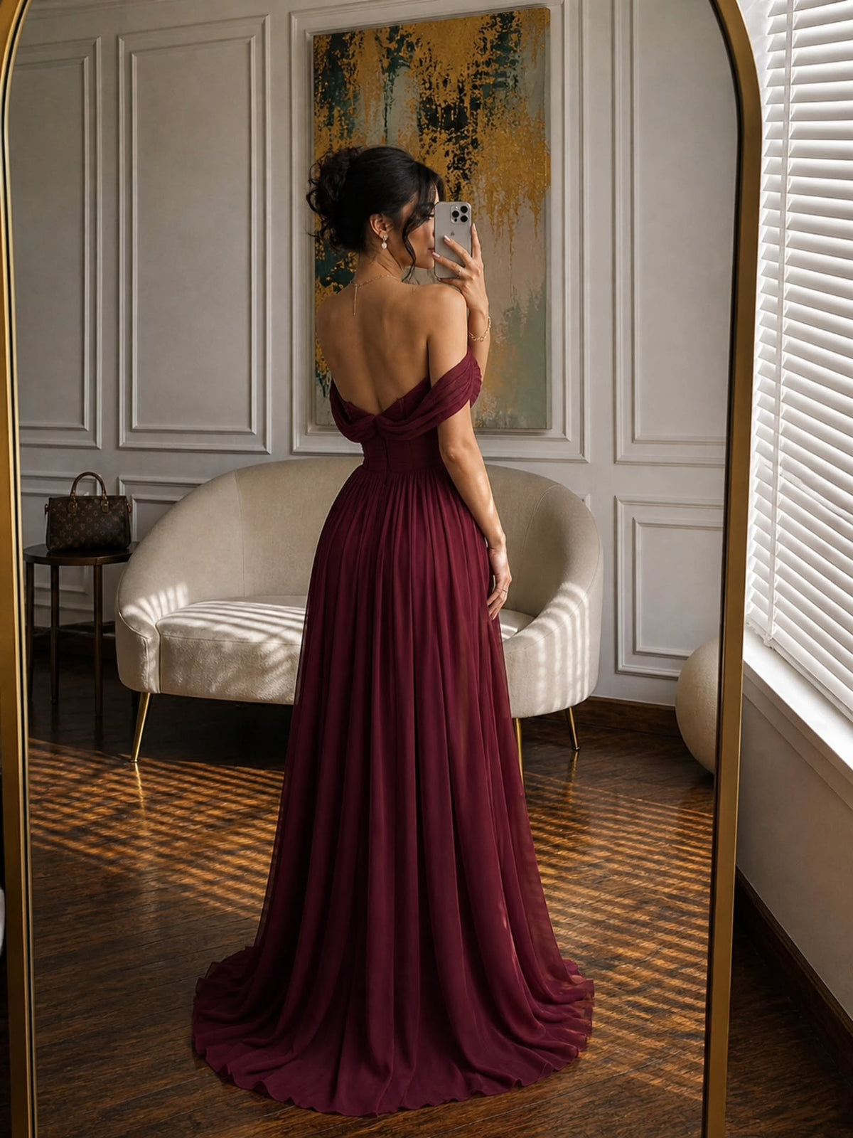 Off-the-Shoulder Ruched Corset Floor-Length Gown