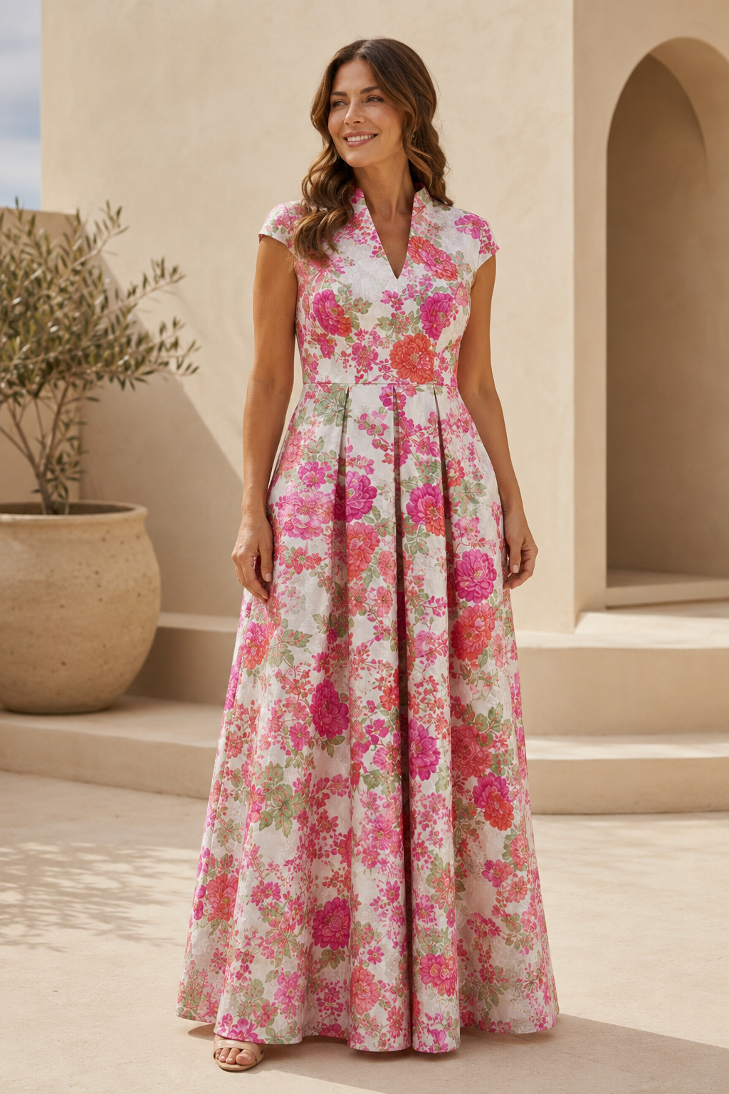 Floral Print A-Line Maxi Dress with Pleated Skirt