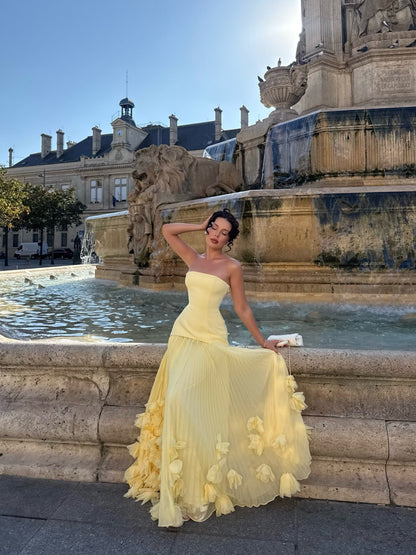 Strapless Pleated Evening Gown with 3D Florals