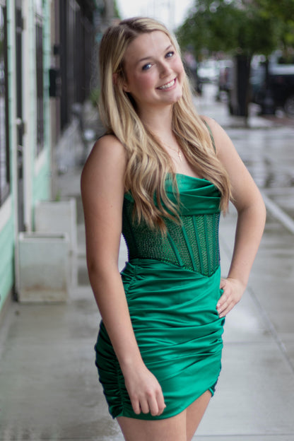 Cowl Neck Ruched Satin Corset Mini Dress