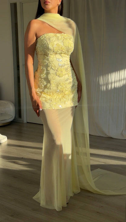 Floral Applique Gown with Sheer Skirt & Cape
