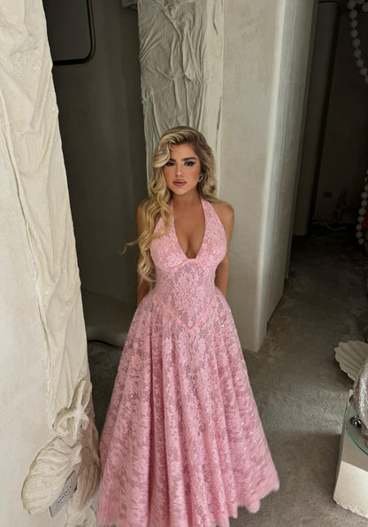Halter Neck Sequined Lace A-Line Midi Dress