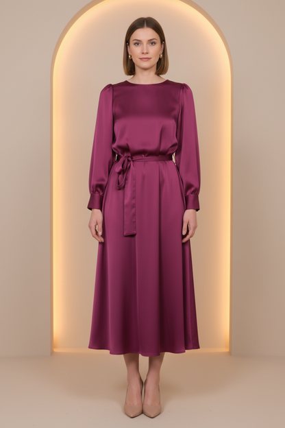 Long-Sleeve Satin Midi Dress with Tie Belt