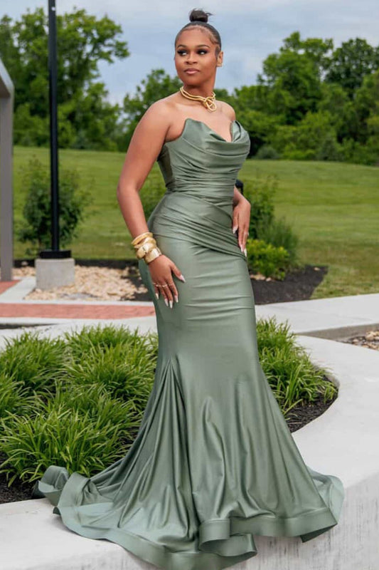Strapless Cowl Neck Ruched Satin Mermaid Evening Gown