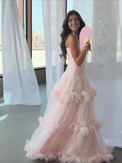 Tiered Tulle Ruffle Halter Evening Gown
