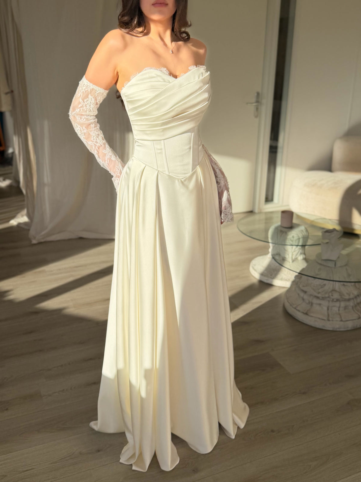 Strapless Corset Satin Ball Gown with Lace Gloves