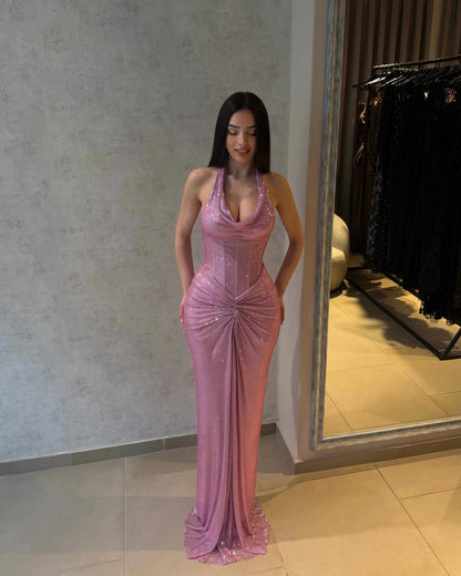 Shimmer Halter Cowl Neck Corset Evening Gown