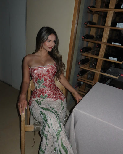 Strapless Floral Sequin Gown with Cape