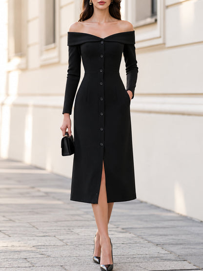 Off-the-Shoulder Button-Down Midi Dress