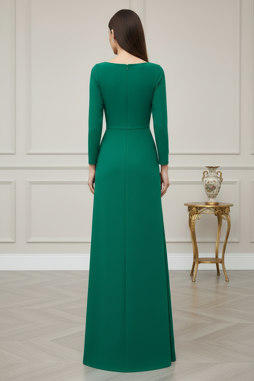 Long Sleeve Ruched Column Gown with Beading
