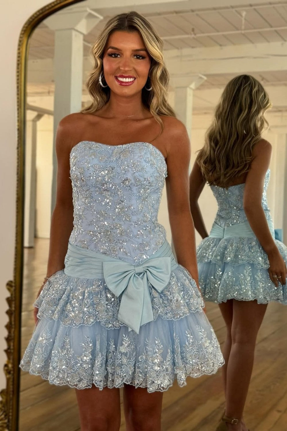 Strapless Tiered Sequin Lace Homecoming Dress