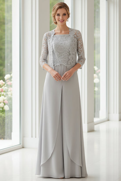 Elegant Lace Jacket and Chiffon Wide-Leg Pantsuit