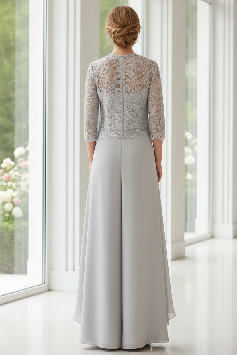 Elegant Lace Jacket and Chiffon Wide-Leg Pantsuit