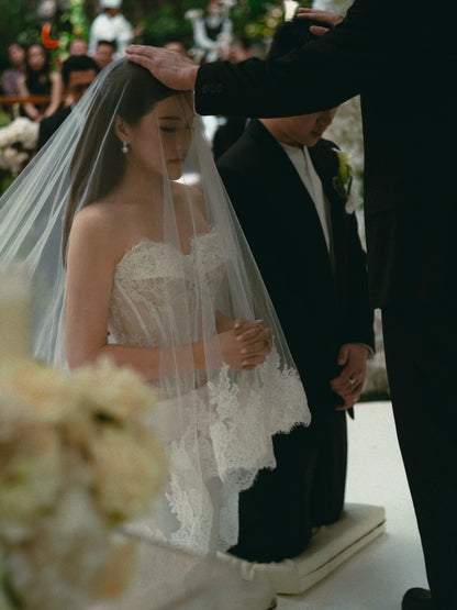Strapless Lace Applique Wedding Gown with Cathedral Veil