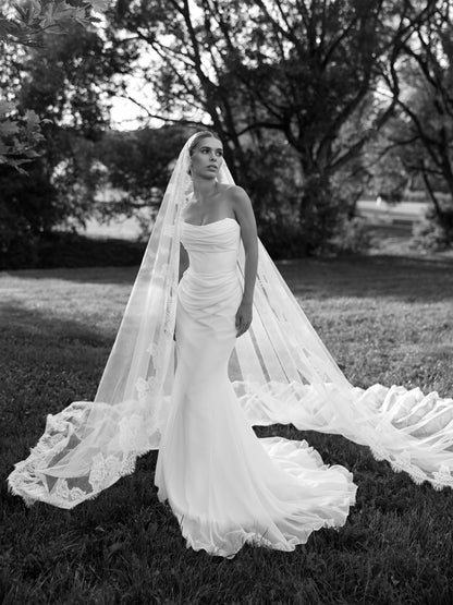 Strapless Ruched Bodice Wedding Dress with Train