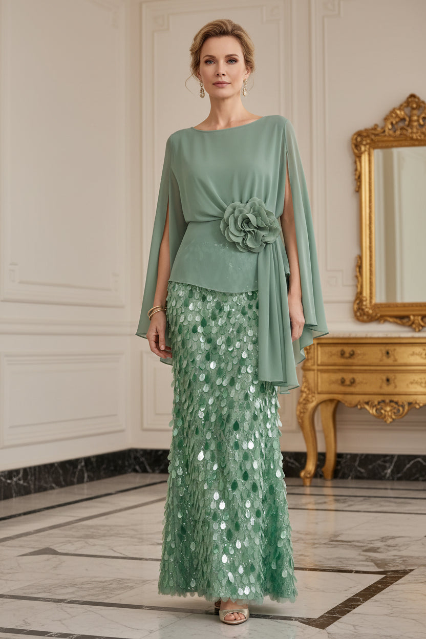 Sequin Column Gown with Cape Sleeves and 3D Flower
