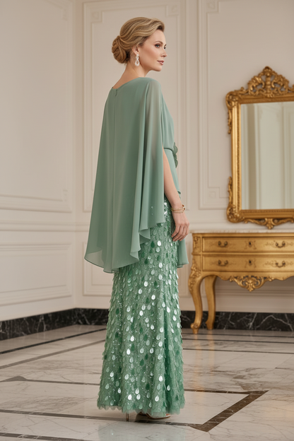 Sequin Column Gown with Cape Sleeves and 3D Flower
