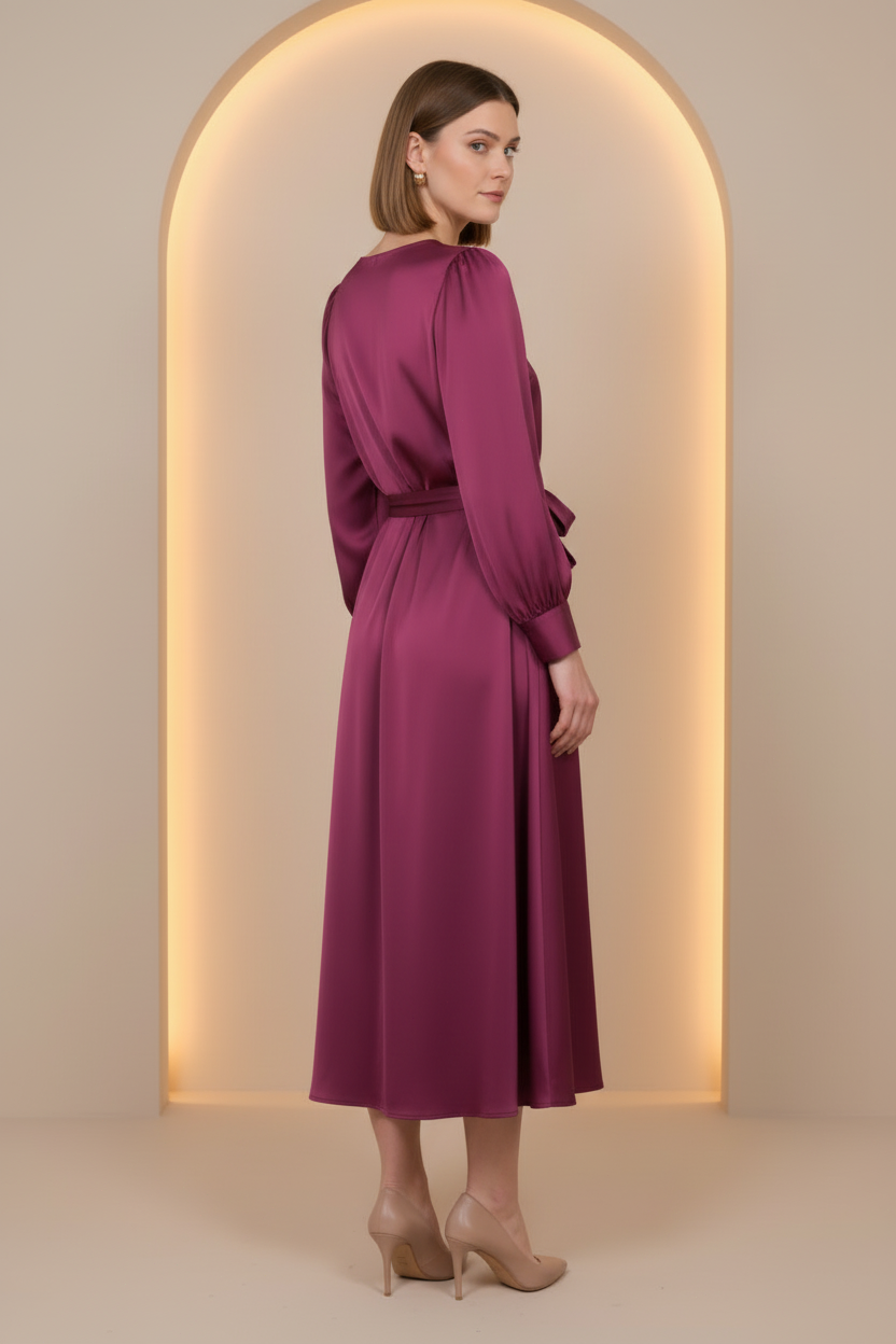 Long-Sleeve Satin Midi Dress with Tie Belt