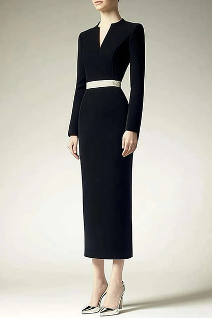 Long Sleeve Slit Neck Column Dress with Beaded Waist