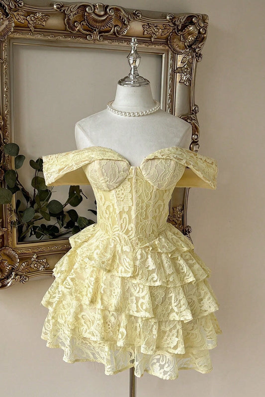 Off-the-Shoulder Tiered Lace Corset Mini Dress